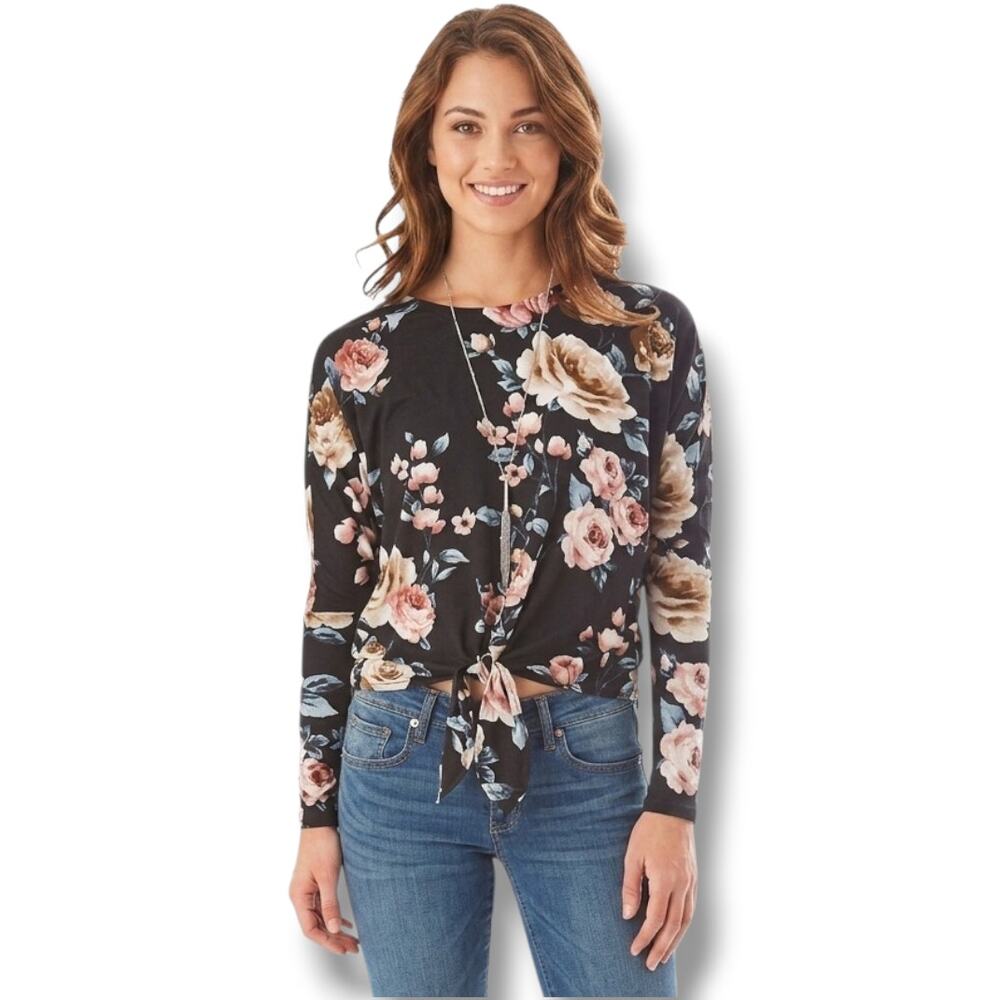 Iz Byer Women’s Floral Criss-Cross Back Long Sleeve Blouse Medium